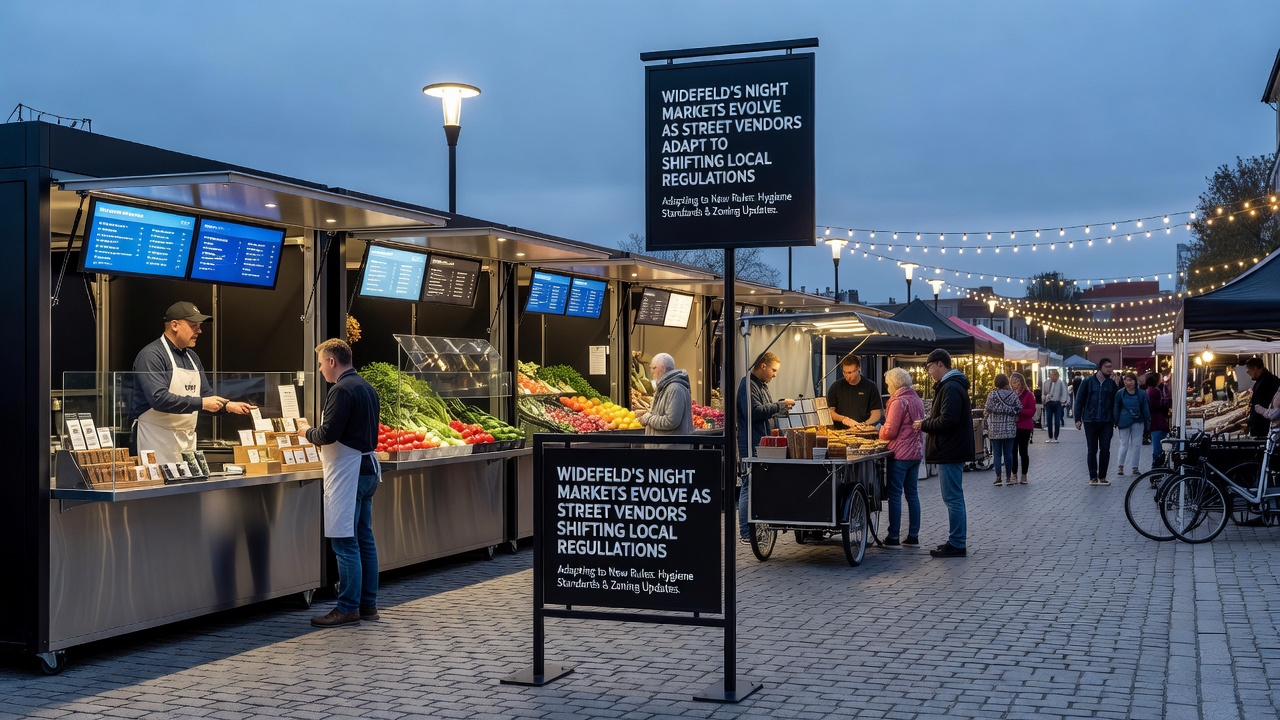 Street vendors in Widefeld setting up adaptive stalls with modern equipment and signage amid evening market activity